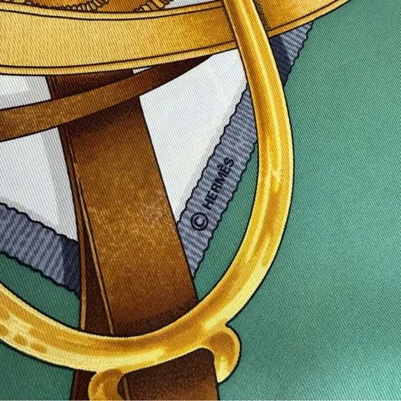 Hermes Silk Scarf with Gold Tack & Green Border - Picture 4 of 12